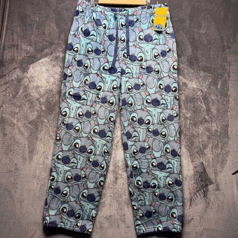 Disney Pajama Pants Blue Stitch Fleece Sleepwear Large L New Poses